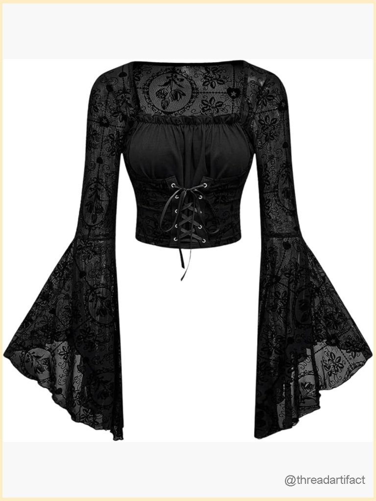 Goth Bell Sleeve Crop Top Y2k Lace-Up Waist Emo Grunge Rave Tops